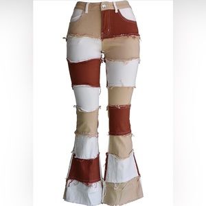 Women Patch Flare Jeans Bell Bottom Raw Hem Denim Pants